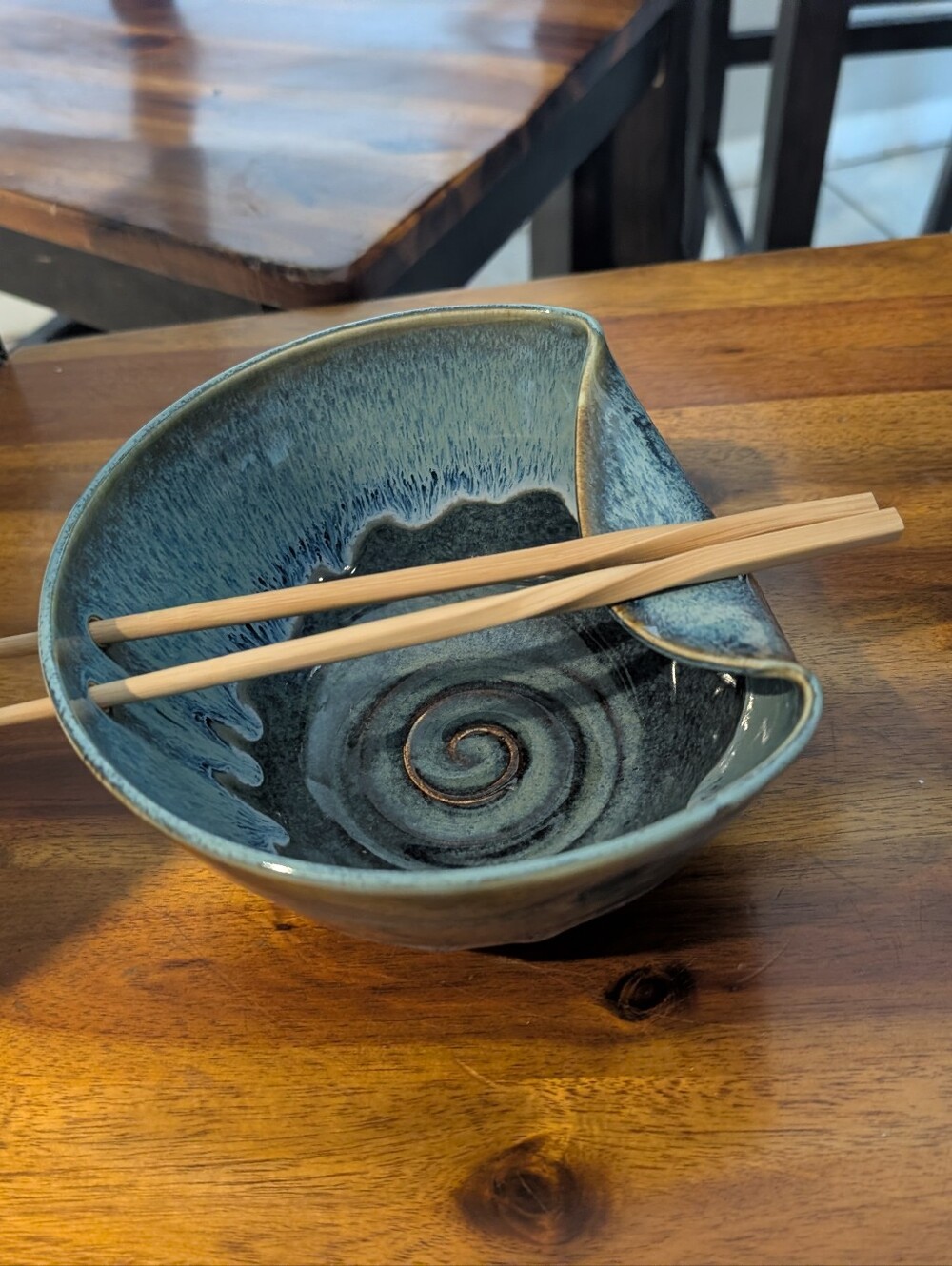 Ceramic Noodle Bowl Pottery Bowl Teal Blue  Chopstick Rest SIGNED